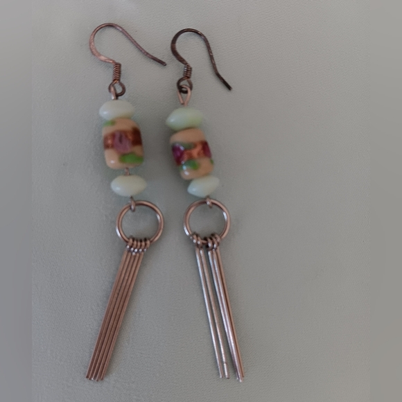 Handmade~Metallic Tan Pale Blue Beaded Silver Dangle Earrings NWOT - Picture 8 of 11